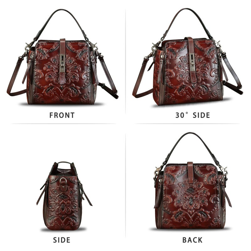 LRTO Genuine Leather Purses and Handbags for Women Retro Embossed Crossbody Shoulder Bag Satchel Pouches (Coffee) - Image 4