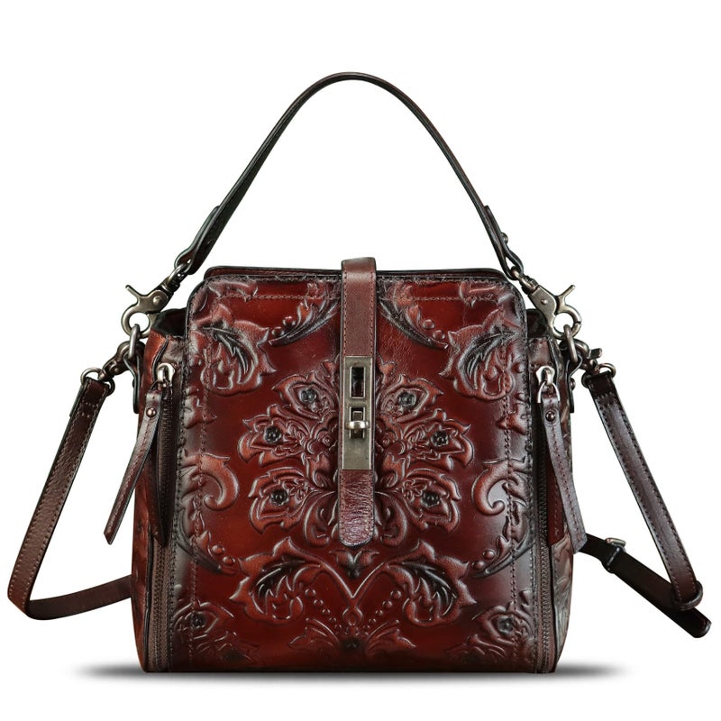 LRTO Genuine Leather Purses and Handbags for Women Retro Embossed Crossbody Shoulder Bag Satchel Pouches (Coffee) - Image 1