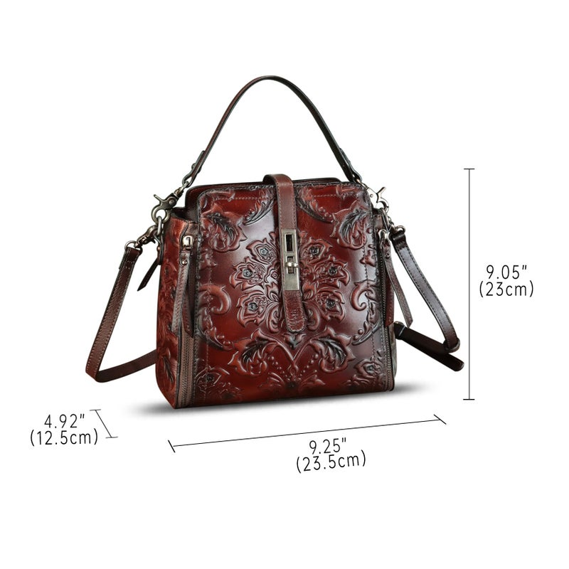 LRTO Genuine Leather Purses and Handbags for Women Retro Embossed Crossbody Shoulder Bag Satchel Pouches (Coffee) - Image 5