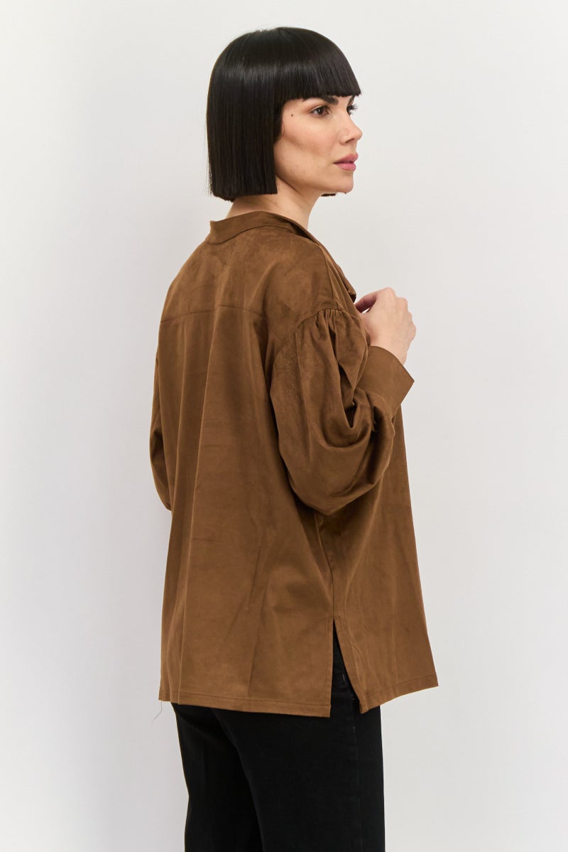Wrangler Women Mandarin Collar Long Sleeves Velvet Top, Dark Brown - Image 3
