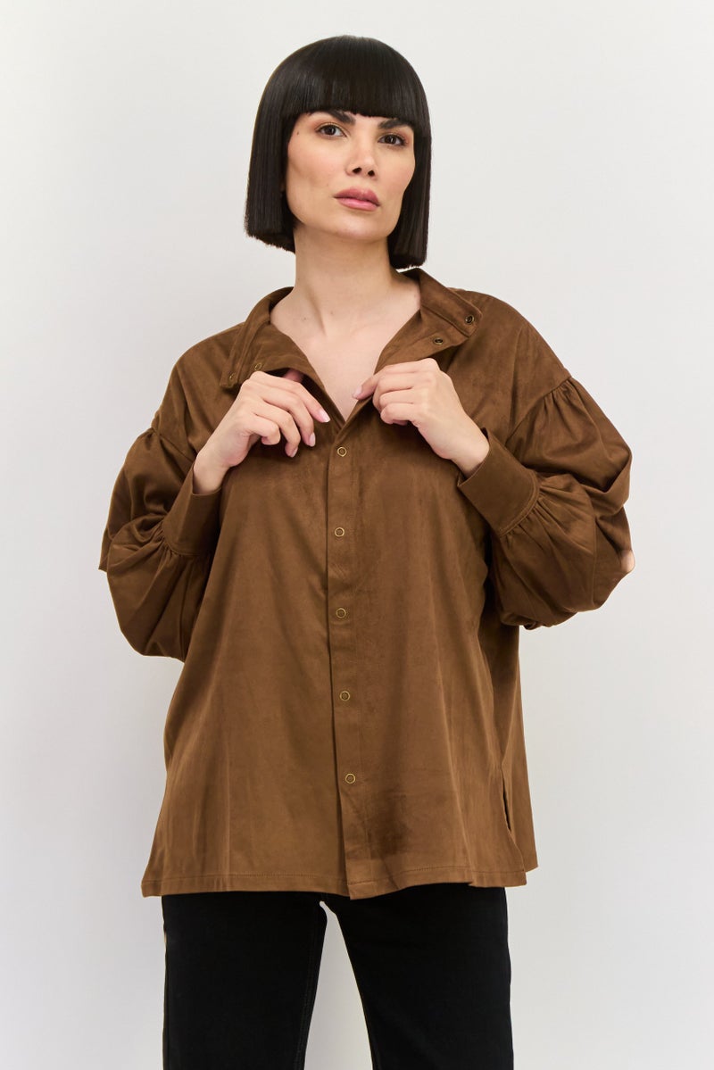 Wrangler Women Mandarin Collar Long Sleeves Velvet Top, Dark Brown - Image 1