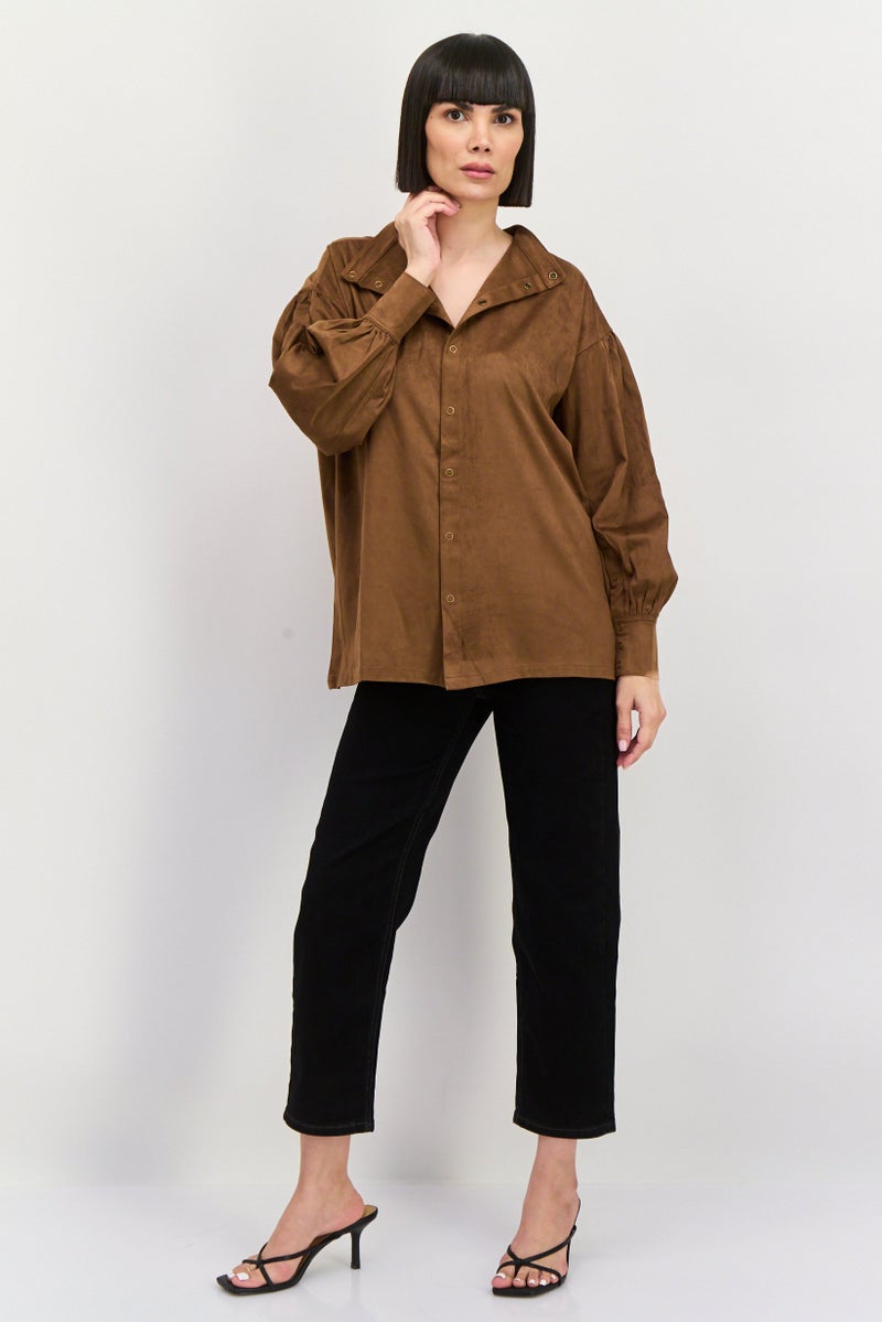 Wrangler Women Mandarin Collar Long Sleeves Velvet Top, Dark Brown - Image 4
