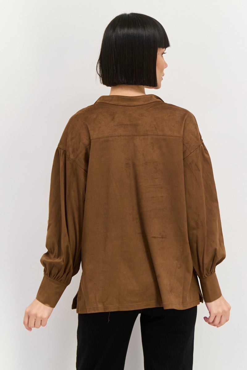 Wrangler Women Mandarin Collar Long Sleeves Velvet Top, Dark Brown - Image 2