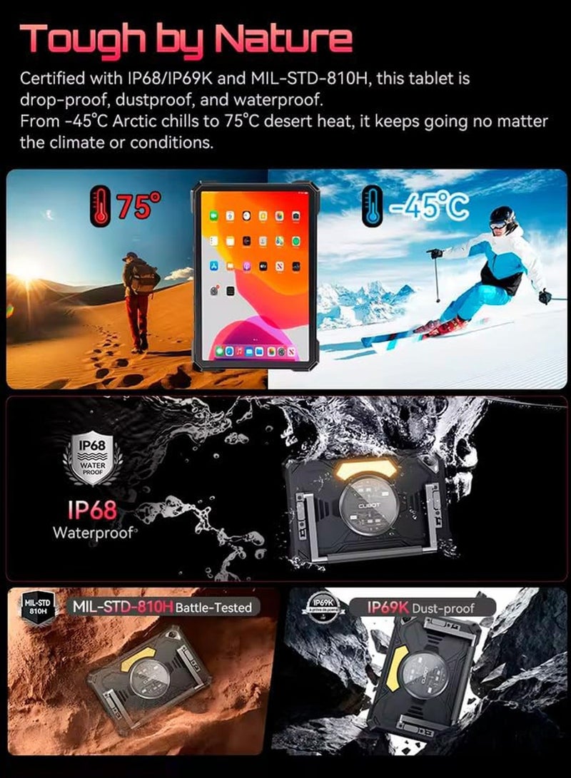 Cubot Tab KingKong S Rugged Tablet 5G WiFi | 10.1" HD+ Display 90Hz | Android 15 Tablet | 6GB RAM+256GB ROM | Dual SIM Smart Tablet | 48MP+16MP Camera | 33W Charging |Camping Light | IP68/IP69K |15300mAh Battery| Dual Speakers | Black - Image 4
