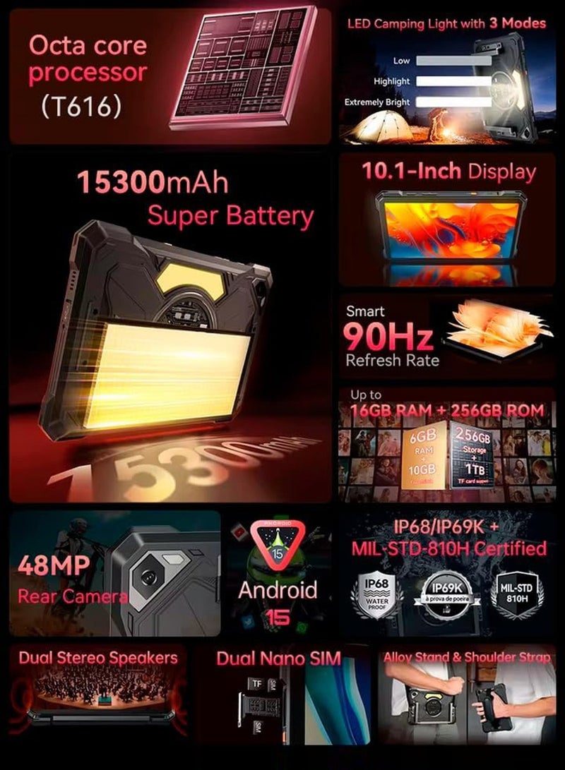 Cubot Tab KingKong S Rugged Tablet 5G WiFi | 10.1" HD+ Display 90Hz | Android 15 Tablet | 6GB RAM+256GB ROM | Dual SIM Smart Tablet | 48MP+16MP Camera | 33W Charging |Camping Light | IP68/IP69K |15300mAh Battery| Dual Speakers | Black - Image 5