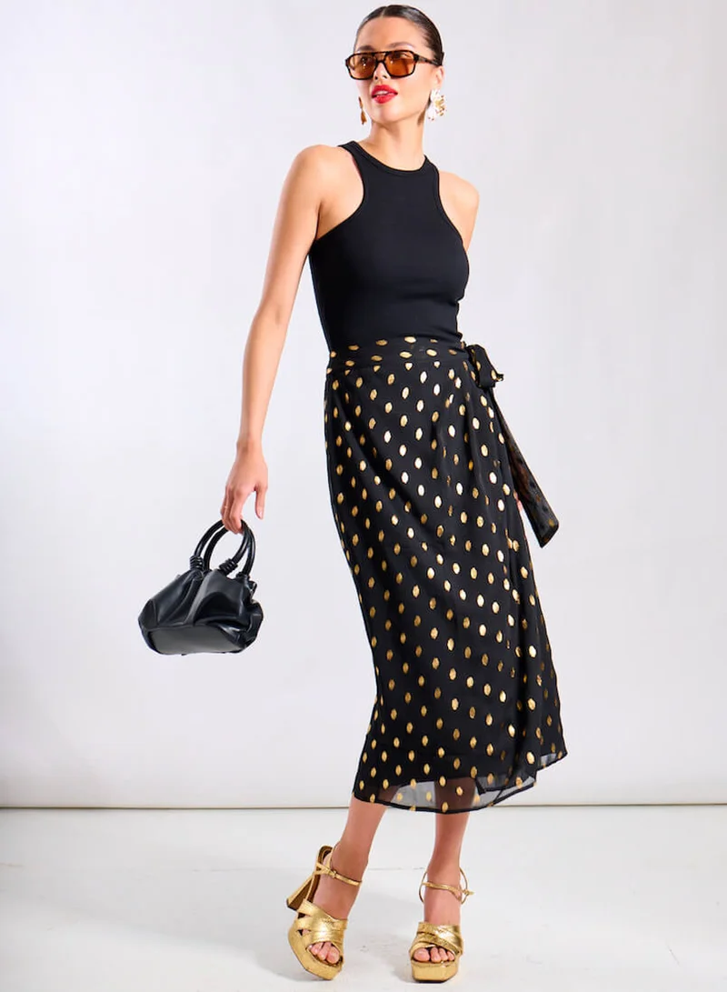 Needs No Label  Black Foil Wrap Midi Co-ord Skirt for Women | Best Price UAE