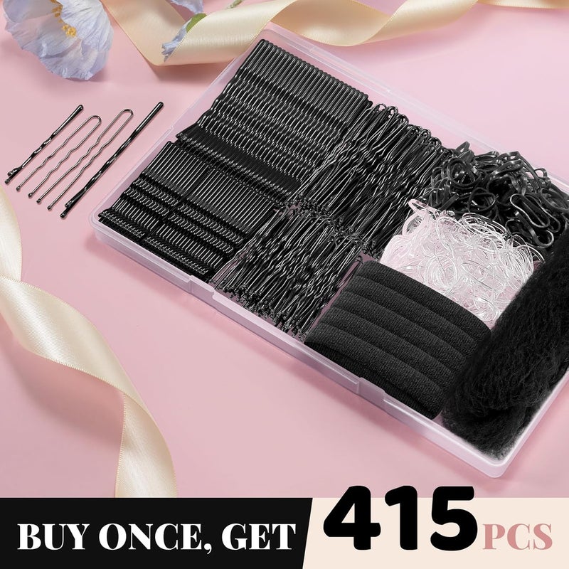 IKOCO 415pcs Bobby Pins Hair Pins Set, 200pcs U Shaped Pins & Elastic Hair Ties for Women with Hair Net, Black - Image 2