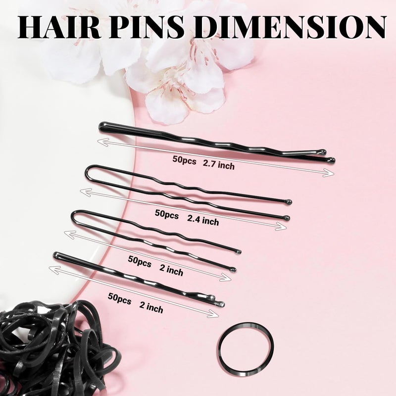 IKOCO 415pcs Bobby Pins Hair Pins Set, 200pcs U Shaped Pins & Elastic Hair Ties for Women with Hair Net, Black - Image 3