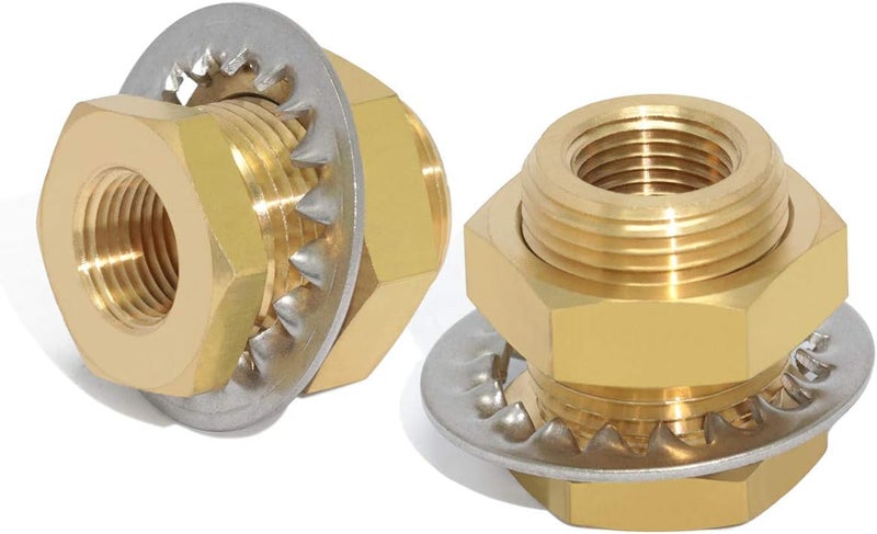 boeray 2pcs Brass Bulkhead Fittings 3/8” NPT Female to 3/8” NPT Female Thread Bulkhead Straight Connector Brass Coupling 1.3” Length Outer Diameter 1”-14 Bulkhead Tank Air Hose Line Pipe Fittings - Image 1