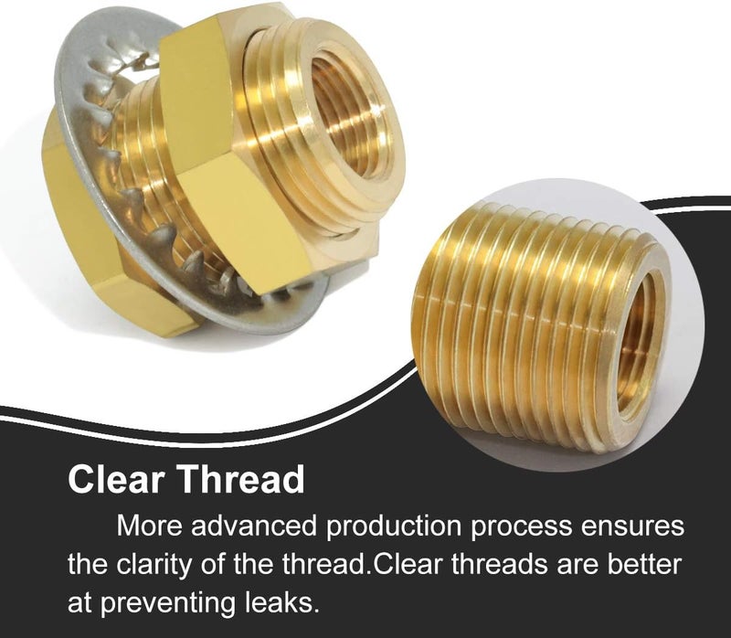 boeray 2pcs Brass Bulkhead Fittings 3/8” NPT Female to 3/8” NPT Female Thread Bulkhead Straight Connector Brass Coupling 1.3” Length Outer Diameter 1”-14 Bulkhead Tank Air Hose Line Pipe Fittings - Image 4