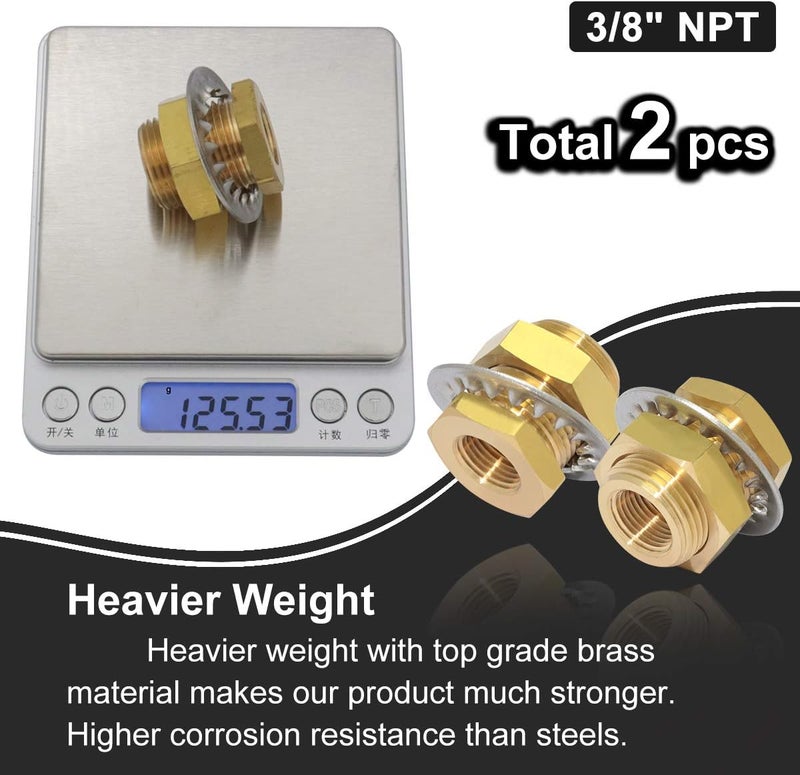 boeray 2pcs Brass Bulkhead Fittings 3/8” NPT Female to 3/8” NPT Female Thread Bulkhead Straight Connector Brass Coupling 1.3” Length Outer Diameter 1”-14 Bulkhead Tank Air Hose Line Pipe Fittings - Image 5