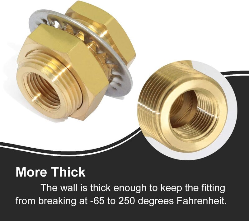 boeray 2pcs Brass Bulkhead Fittings 3/8” NPT Female to 3/8” NPT Female Thread Bulkhead Straight Connector Brass Coupling 1.3” Length Outer Diameter 1”-14 Bulkhead Tank Air Hose Line Pipe Fittings - Image 3