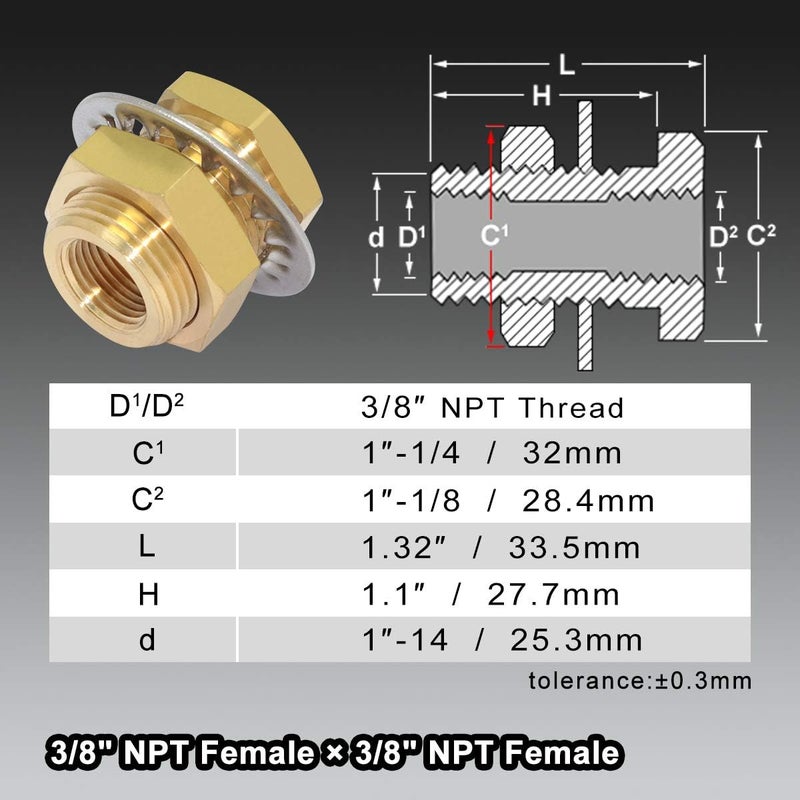 boeray 2pcs Brass Bulkhead Fittings 3/8” NPT Female to 3/8” NPT Female Thread Bulkhead Straight Connector Brass Coupling 1.3” Length Outer Diameter 1”-14 Bulkhead Tank Air Hose Line Pipe Fittings - Image 2