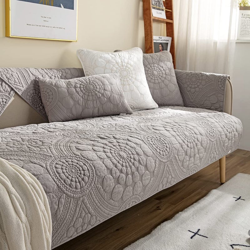 vctops Boho Circle Embroidery Couch Sofa Cover Solid Color Cotton Quilted NonSlip Sectional Couch Covers Sofa Slipcover for Dogs Children Pets Furniture Protector Grey28x28