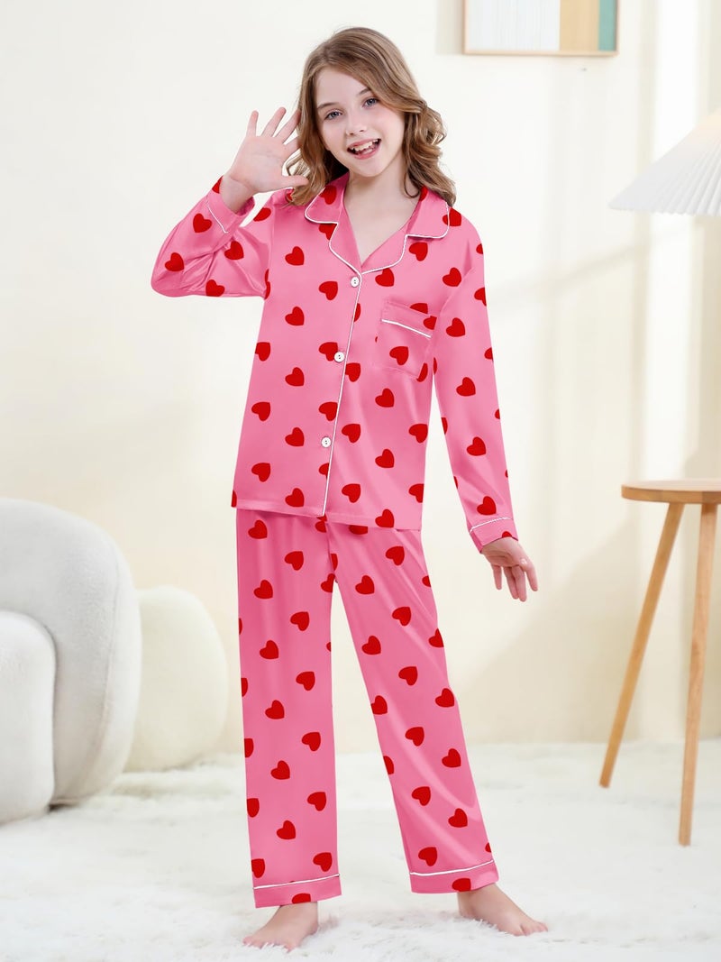 Umeyda Pajamas for Girls, Satin Pjs 2 Pcs Silk Button-Up Long Sleeves Pants Bridal Sleepwear Outfits for Kids, Heart Hot Pink, 7-8 Years = Tag 140 - Image 2