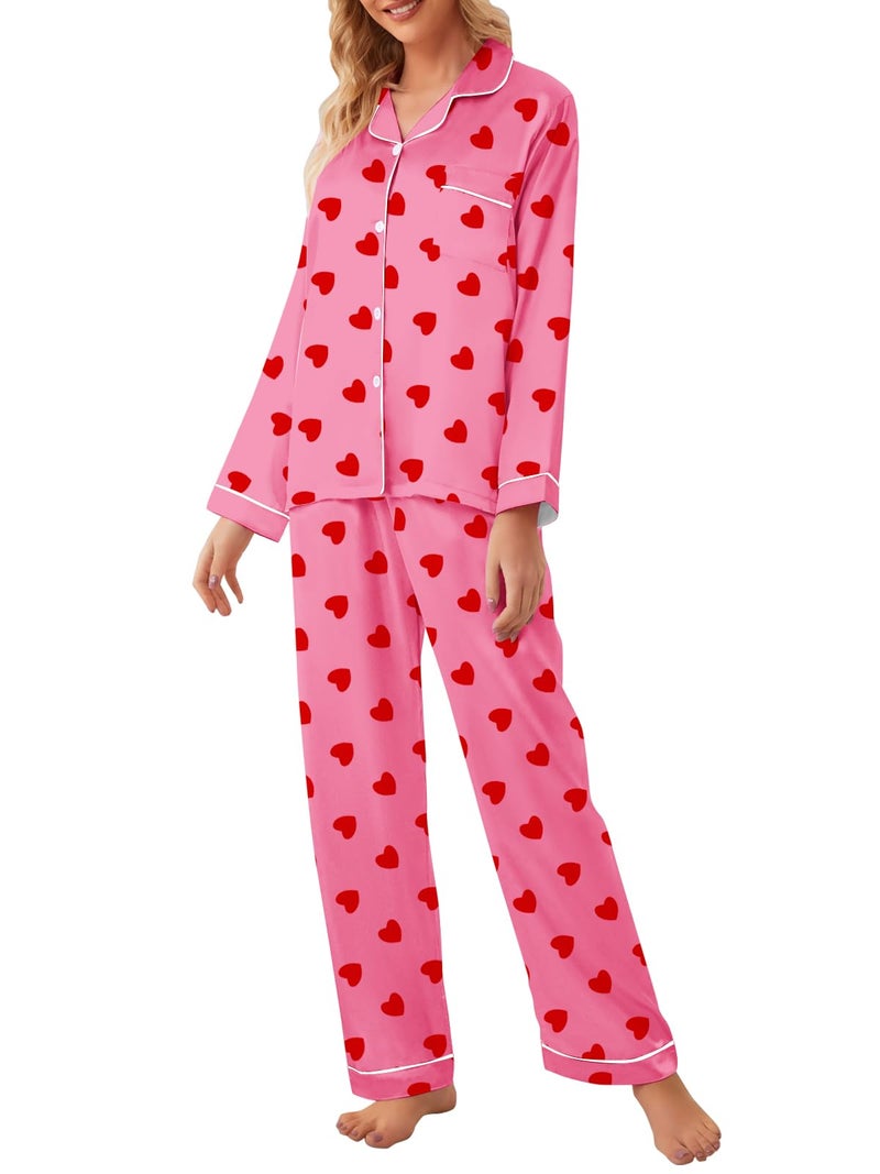Umeyda Pajamas for Girls, Satin Pjs 2 Pcs Silk Button-Up Long Sleeves Pants Bridal Sleepwear Outfits for Kids, Heart Hot Pink, 7-8 Years = Tag 140 - Image 5