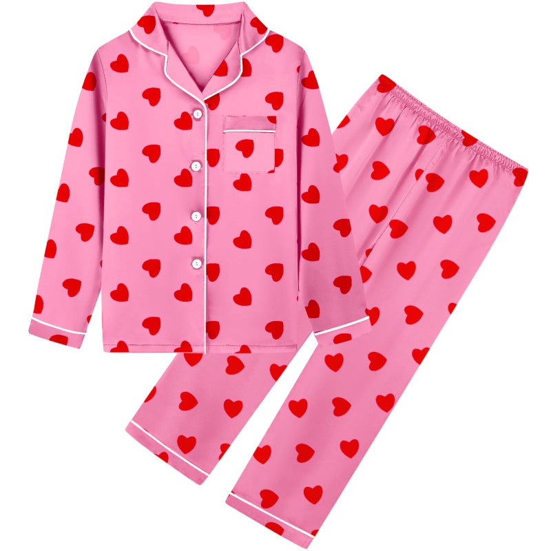 Umeyda Pajamas for Girls, Satin Pjs 2 Pcs Silk Button-Up Long Sleeves Pants Bridal Sleepwear Outfits for Kids, Heart Hot Pink, 7-8 Years = Tag 140 - Image 1