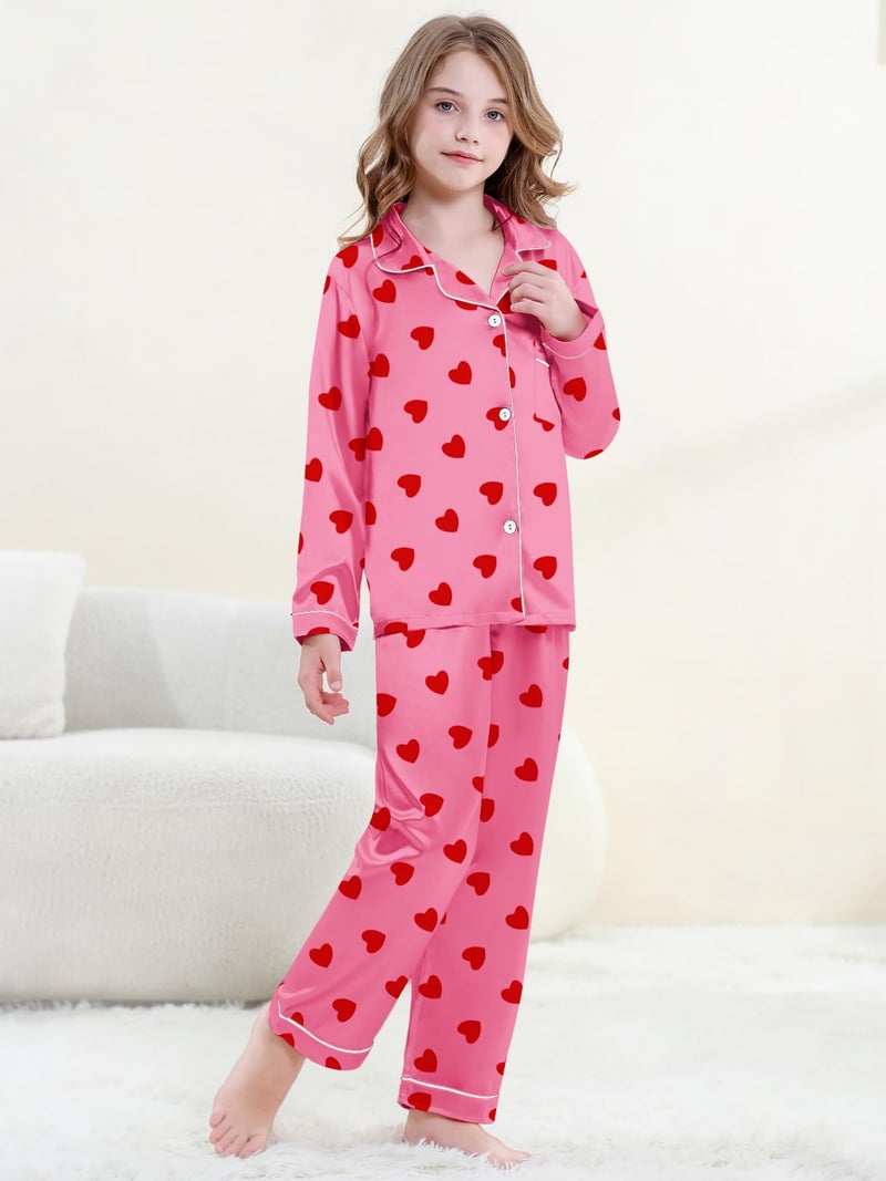 Umeyda Pajamas for Girls, Satin Pjs 2 Pcs Silk Button-Up Long Sleeves Pants Bridal Sleepwear Outfits for Kids, Heart Hot Pink, 7-8 Years = Tag 140 - Image 3