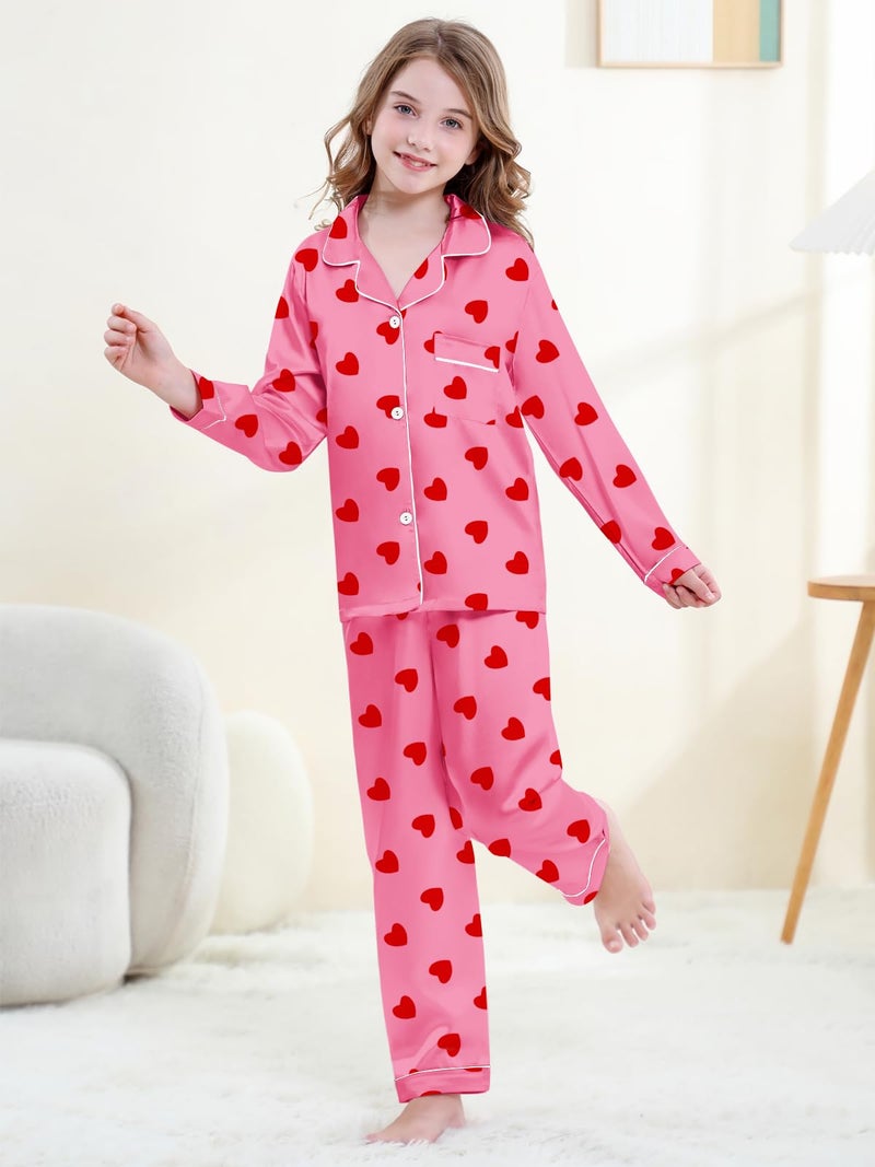 Umeyda Pajamas for Girls, Satin Pjs 2 Pcs Silk Button-Up Long Sleeves Pants Bridal Sleepwear Outfits for Kids, Heart Hot Pink, 7-8 Years = Tag 140 - Image 4