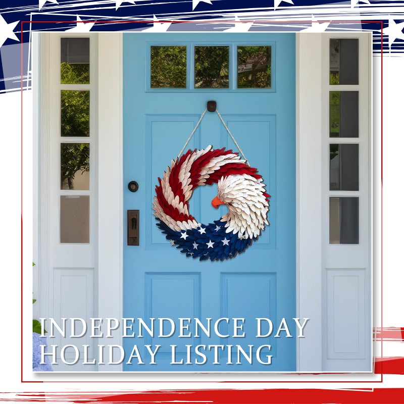Anglechic 1 Pcs 4th of July Patriotic Door Sign 250th Anniversary Eagle Wreath Decorations Patriotic Door Hanger American Rustic Wooden Plaque for Wall Front Porch Memorial Day Decor - Image 4