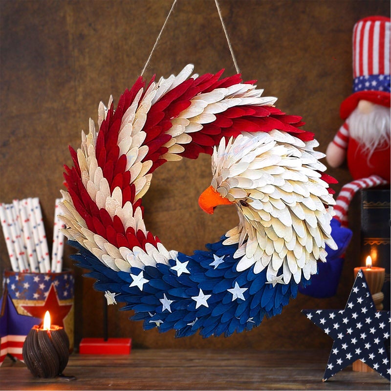Anglechic 1 Pcs 4th of July Patriotic Door Sign 250th Anniversary Eagle Wreath Decorations Patriotic Door Hanger American Rustic Wooden Plaque for Wall Front Porch Memorial Day Decor - Image 5