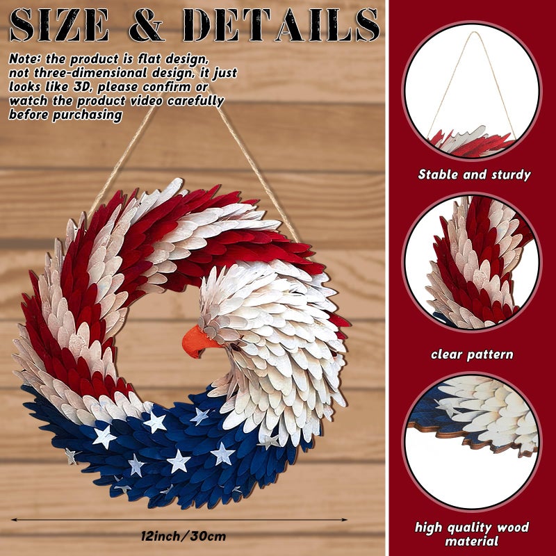 Anglechic 1 Pcs 4th of July Patriotic Door Sign 250th Anniversary Eagle Wreath Decorations Patriotic Door Hanger American Rustic Wooden Plaque for Wall Front Porch Memorial Day Decor - Image 3