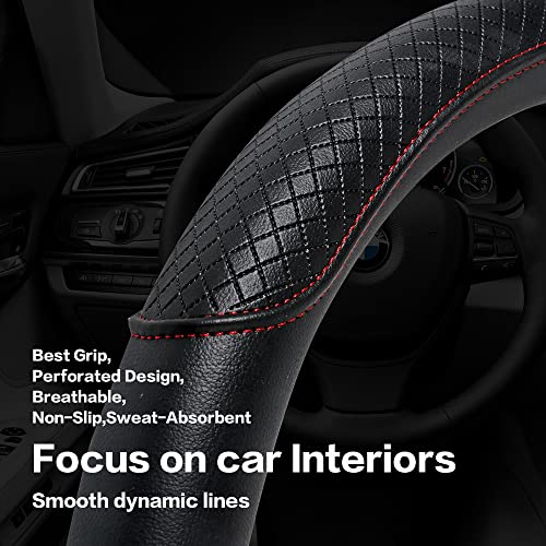 VARGTR Steering Wheel Cover - Microfiber Leather, Classic Embossing, Anti-Slip Breathable, Fit 15 Inch (Black & Red Line) - Image 5