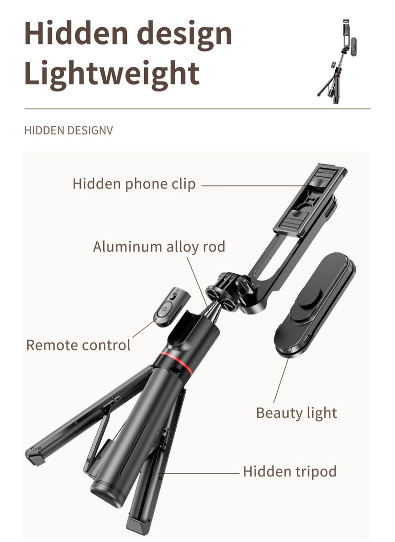 Generic - Selfie Stick Tripod, Extendable Tripod with Rechargeable Bluetooth Remote,Removable fill light， Compatible with iPhone and Android Smartphones, Perfect for Travel, Vlog, Video and Photo, Black - Image 1