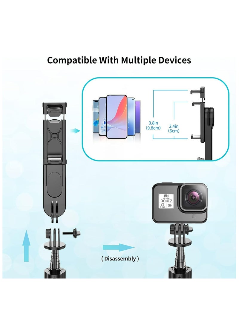 43.7"(110cm)Selfie Stick Tripod, Extendable Tripod with Rechargeable Bluetooth Remote,Removable fill light， Compatible with iPhone and Android Smartphones, Perfect for Travel, Vlog, Video and Photo, Black
