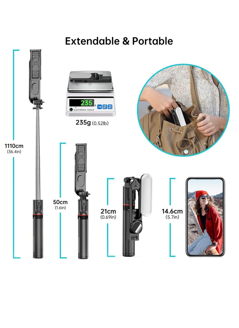 43.7"(110cm)Selfie Stick Tripod, Extendable Tripod with Rechargeable Bluetooth Remote,Removable fill light， Compatible with iPhone and Android Smartphones, Perfect for Travel, Vlog, Video and Photo, Black