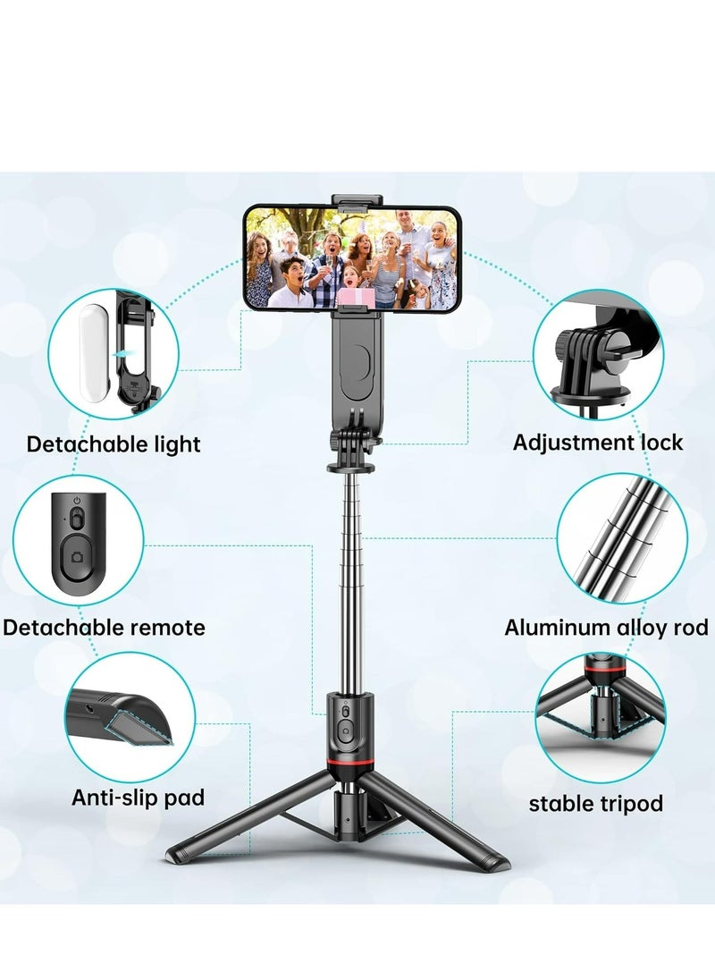 43.7"(110cm)Selfie Stick Tripod, Extendable Tripod with Rechargeable Bluetooth Remote,Removable fill light， Compatible with iPhone and Android Smartphones, Perfect for Travel, Vlog, Video and Photo, Black