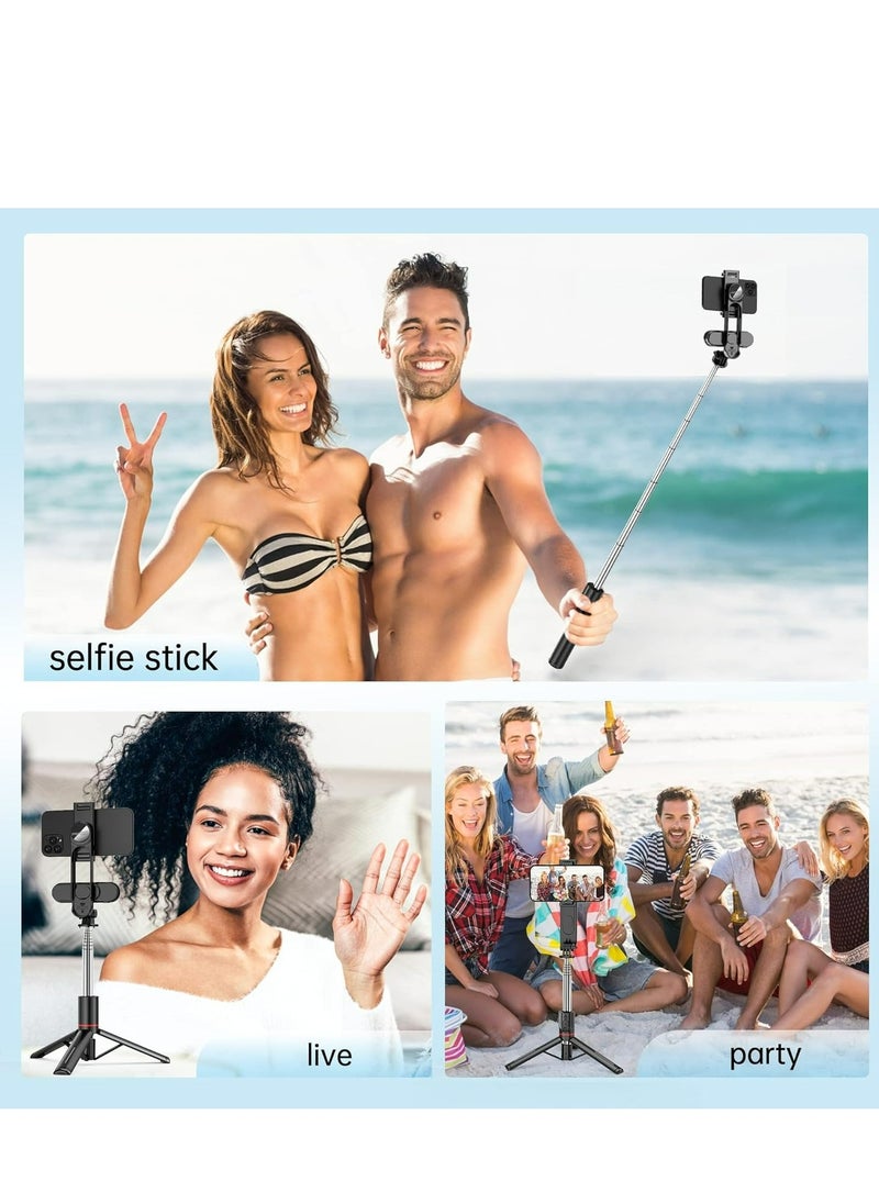 43.7"(110cm)Selfie Stick Tripod, Extendable Tripod with Rechargeable Bluetooth Remote,Removable fill light， Compatible with iPhone and Android Smartphones, Perfect for Travel, Vlog, Video and Photo, Black