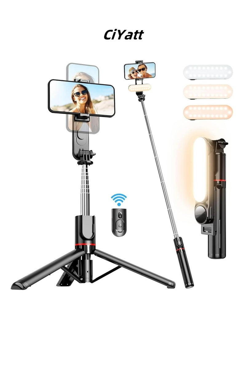 CiYatt 44.88"(114cm)Selfie Stick Tripod, Extendable Tripod with Rechargeable Bluetooth Remote,Removable fill light， Compatible with iPhone and Android Smartphones, Perfect for Travel, Vlog, Video and Photo, Black  - Image 1