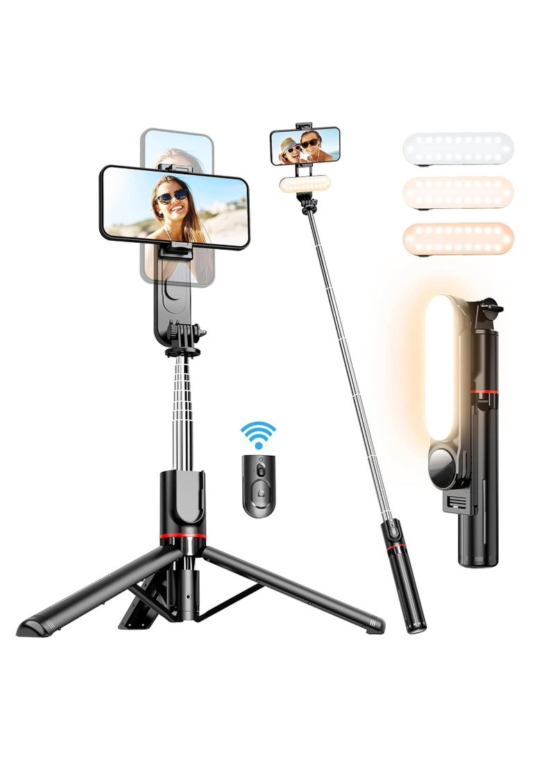 44.88"(114cm)Selfie Stick Tripod, Extendable Tripod with Rechargeable Bluetooth Remote,Removable fill light， Compatible with iPhone and Android Smartphones, Perfect for Travel, Vlog, Video and Photo, Black - Image 1