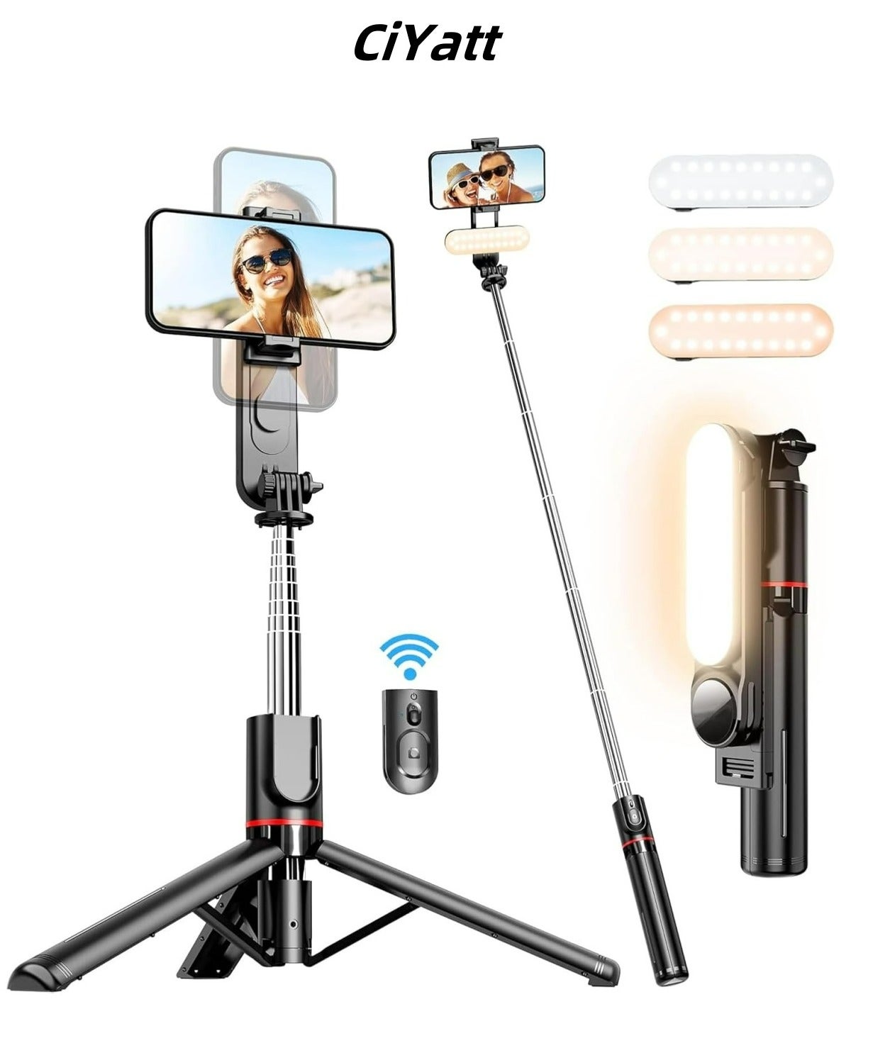 CiYatt 44.88"(114cm)Selfie Stick Tripod, Extendable Tripod with Rechargeable Bluetooth Remote,Removable fill light, Compatible with iPhone and Android Smartphones, Perfect for Travel, Vlog, Video and Photo, Black