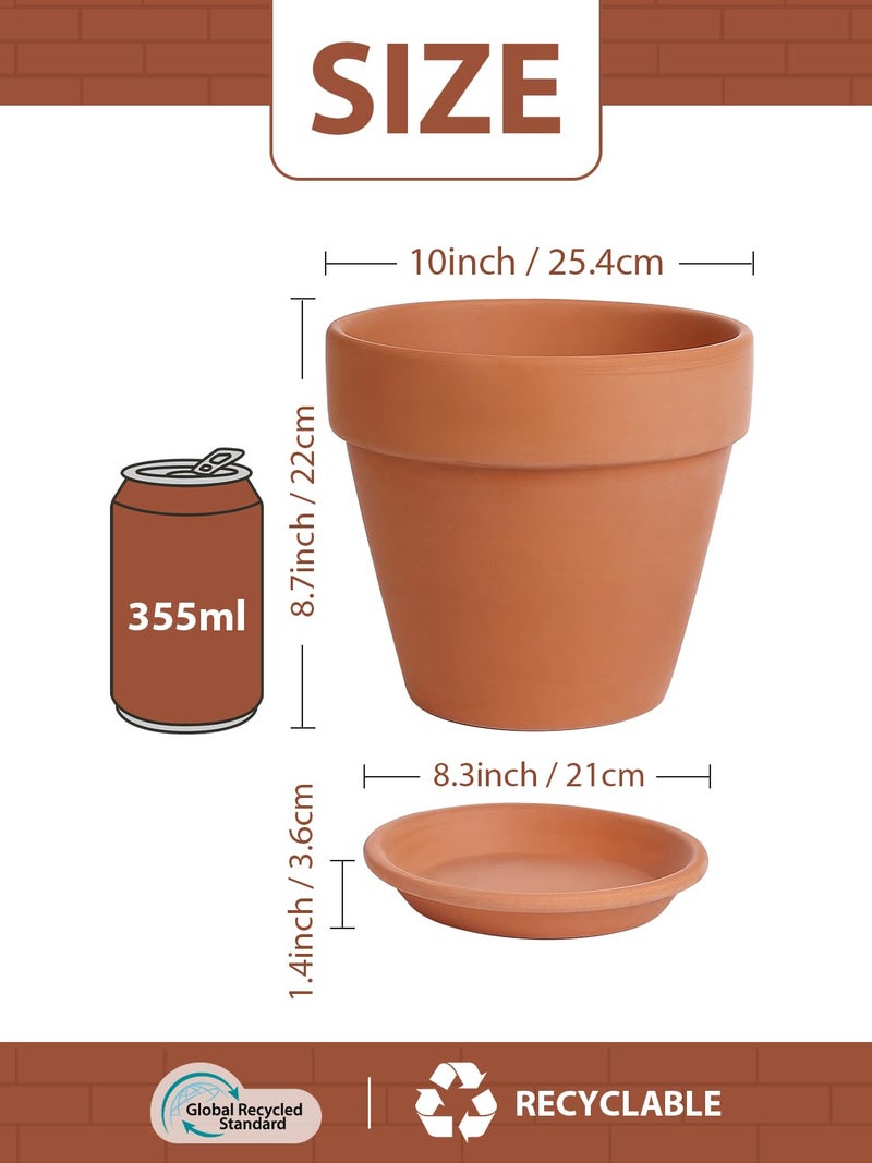 INGOFIN Terracotta Pot with Saucer - 10 Inch Ceramic Clay Pot for Plants with Drainage Hole, Large Terra Cotta Flower Planter with Tray for Indoor Outdoor Plants - Image 2