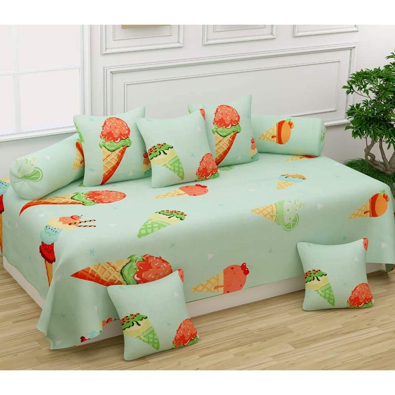 FESTIVAL HOME FURNISHINGS FESTIVAL HOME FURNISHINGS Cotton Fabric 400TC Diwan Set 60X90 Inch Bedsheet 16x16inch Cushion Covers 18x28 inch Bolster Covers Green Ice Cream  - Image 1