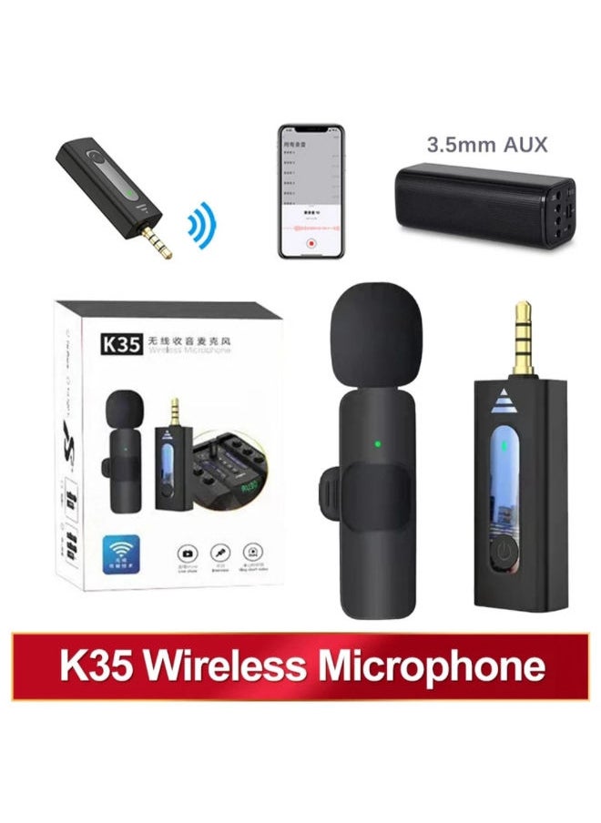 SHOPI - K35 Wireless Mic For Smartphones Laptop Desktop iPhone Collar Microphone Compatible With 3.5mm Jack Devices Wireless Mic For YouTube Vlogging ASMR Recording Podcast Interview Black - Image 1