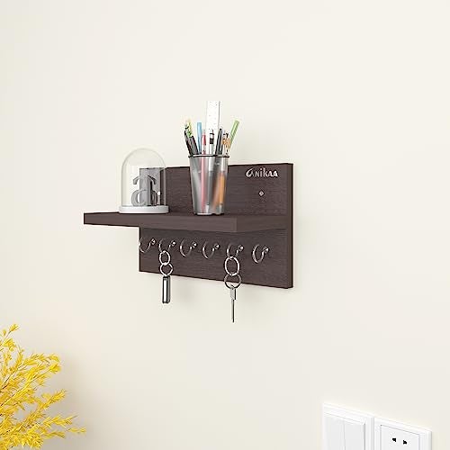 Anikaa Volt Wooden Wall Mounted Key Holder with Decorative Shelf and 6 Knobs (Wenge)- Pack of 2 - Image 1