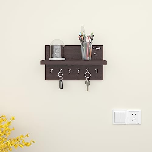 Anikaa Volt Wooden Wall Mounted Key Holder with Decorative Shelf and 6 Knobs (Wenge)- Pack of 2 - Image 2