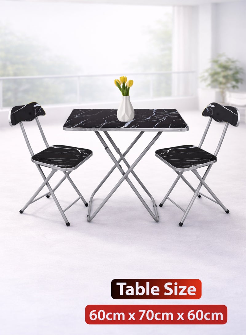 DBLEW Set Of Foldable Marble Wooden Square Table And 2 Folding Chairs Seats Metal Frame For Breakfast Computer Laptop Desk Office Workstation Kitchen Balcony Home Dining Outdoor Picnic Beach Desert Camping - Image 1