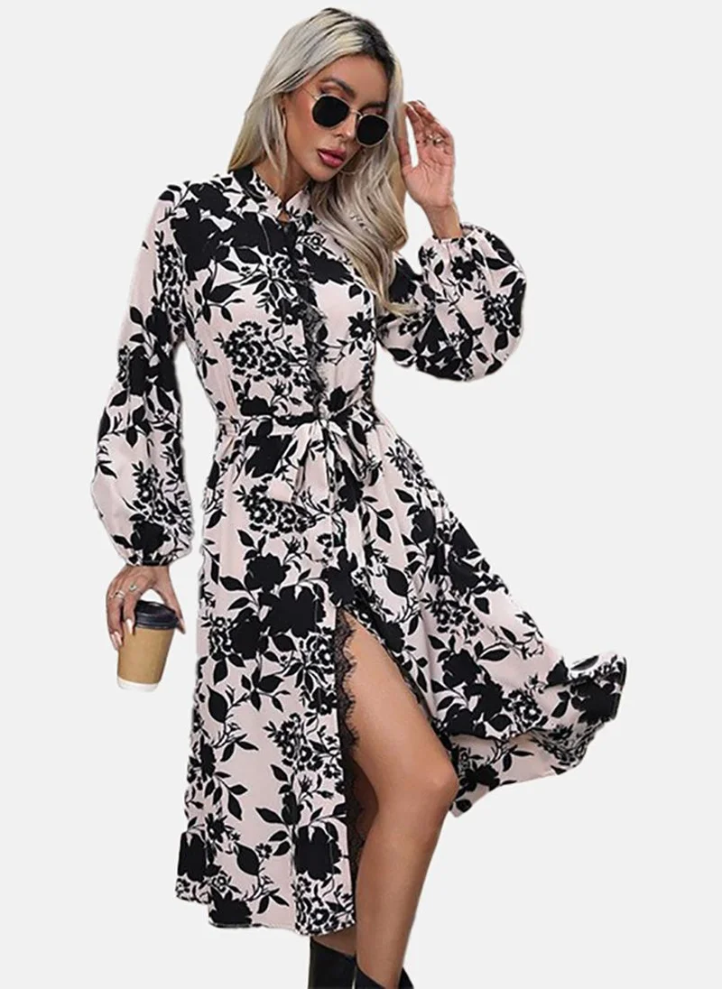 YUNIQEE Off White Flared Printed Collared Long Sleeve Dress