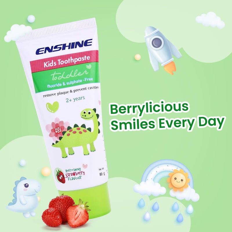 ENSHINE Kids Toothpaste- Strawberry Flavoured | Natural Ingredients, Gentle Formula & Overall Oral Protection | Prevents Cavities, Strengthens Enamel | Paraben-Free & Safe Pack of 2(80gm Each) - Image 2
