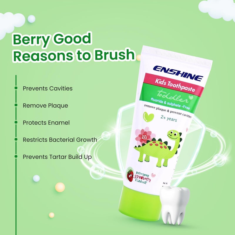 ENSHINE Kids Toothpaste- Strawberry Flavoured | Natural Ingredients, Gentle Formula & Overall Oral Protection | Prevents Cavities, Strengthens Enamel | Paraben-Free & Safe Pack of 2(80gm Each) - Image 4