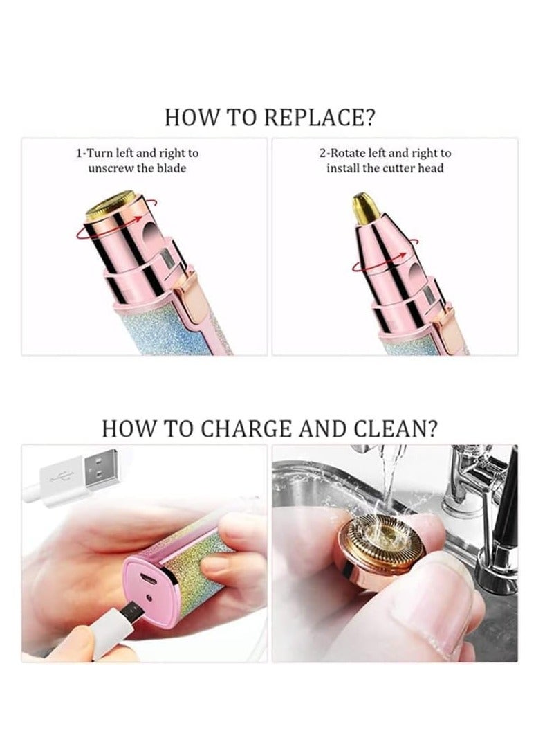 ماكينة تشذيب الحواجب ومزيل شعر الوجه 2 في 1 للنساء، ماكينة حلاقة الحواجب القابلة لإعادة الشحن وإزالة الشعر بدون ألم، ماكينة تشذيب الشعر وحلاقة الجسم للوجه مع رأسين بديلين وإضاءة LED - Image 3