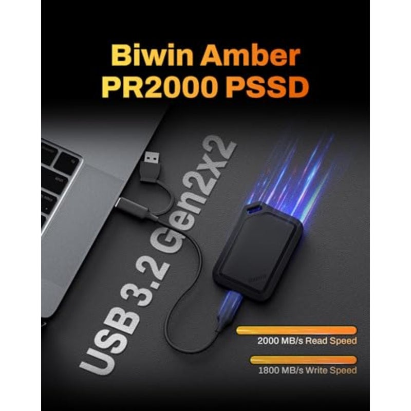 SSD خارجي PR2000 للاستخدام الخارجي، هيكل متين من سبائك الألومنيوم، لمسة نهائية سوداء غير لامعة، IP67 مقاوم للغبار/مقاوم للماء + حماية من السقوط 3 متر + سرعة 2000 ميجابايت/ثانية - Image 2