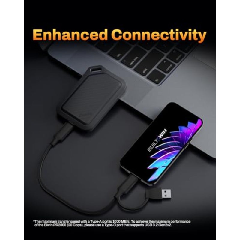 SSD خارجي PR2000 للاستخدام الخارجي، هيكل متين من سبائك الألومنيوم، لمسة نهائية سوداء غير لامعة، IP67 مقاوم للغبار/مقاوم للماء + حماية من السقوط 3 متر + سرعة 2000 ميجابايت/ثانية - Image 4