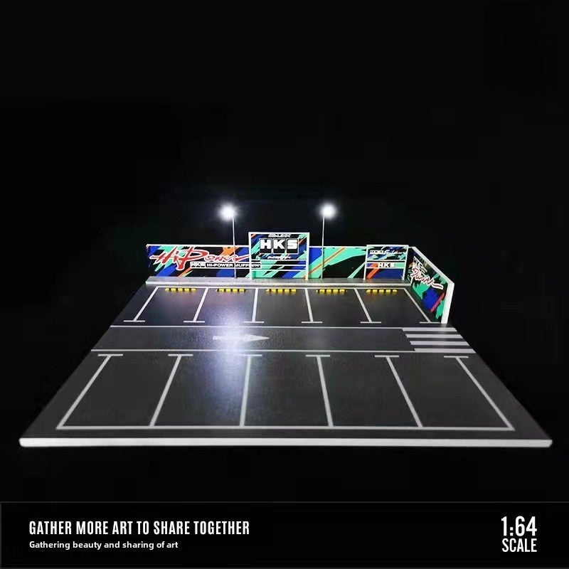 إسكدنيا 1:64 Scale Alloy Car Model Display with Lights for Collectors 1:64 Hks outdoor parking lot lighting scene