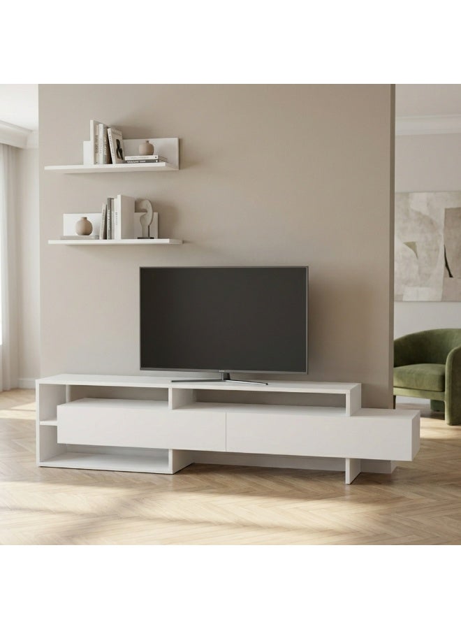 Mourah Home Gara Tv Unit Up To 60'' Inch Tvs With 2Shelf | 2Door And 2Tier Cabinet | Tv Cabinet | 180X29.8X42 Cm| White - Image 2