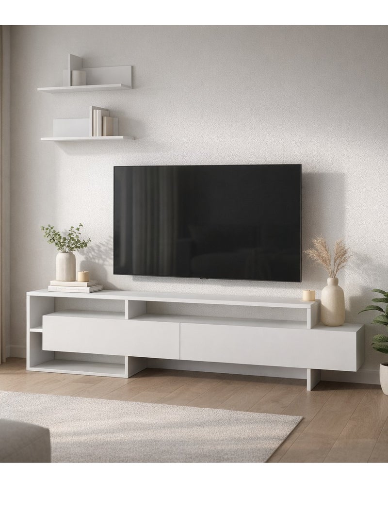 Mourah Home Gara Tv Unit Up To 60'' Inch Tvs With 2Shelf | 2Door And 2Tier Cabinet | Tv Cabinet | 180X29.8X42 Cm| White - Image 1